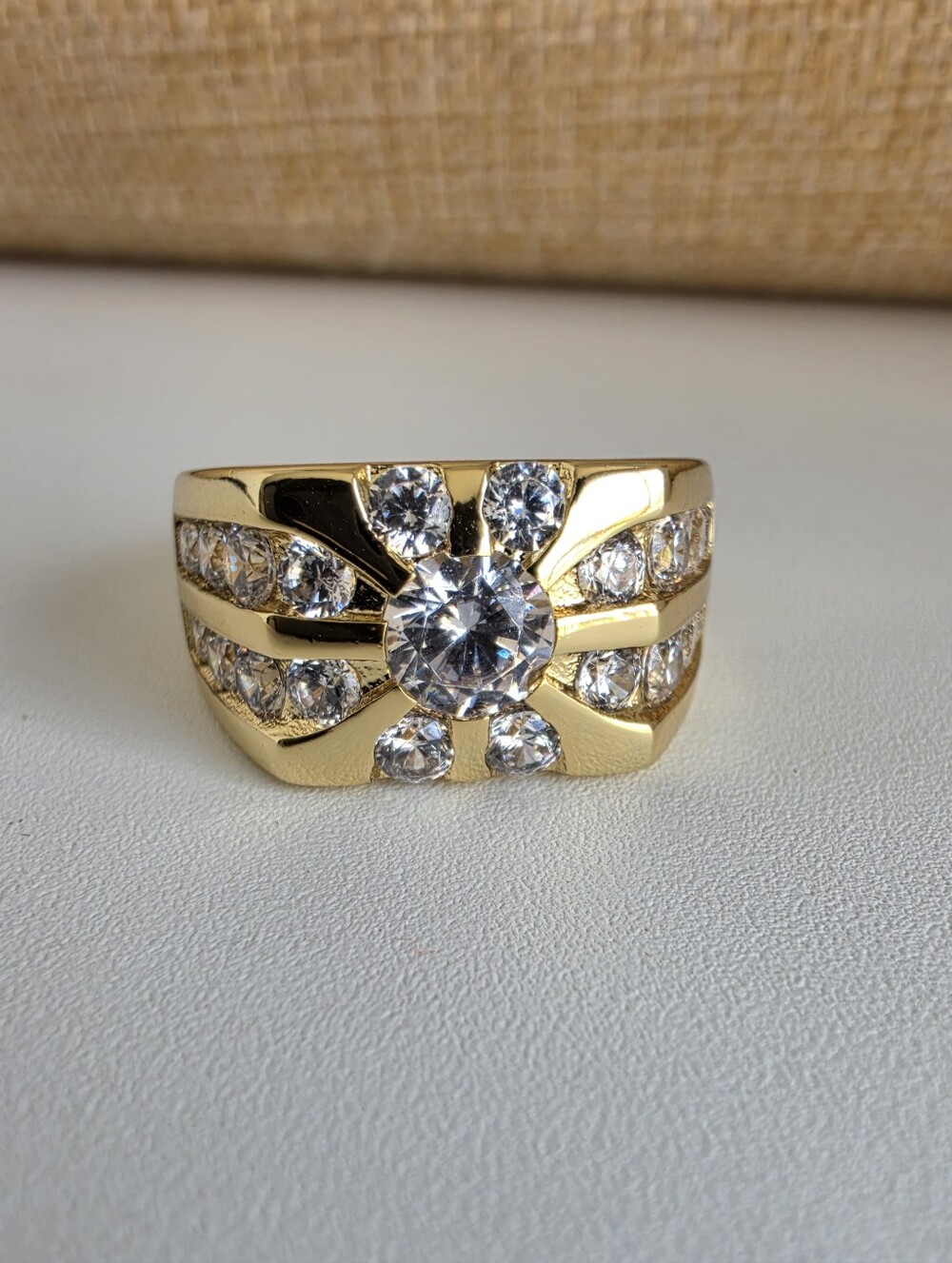 Gold Plated Clear Stone Statement Ring Wide Band Unisex Cocktail Ring